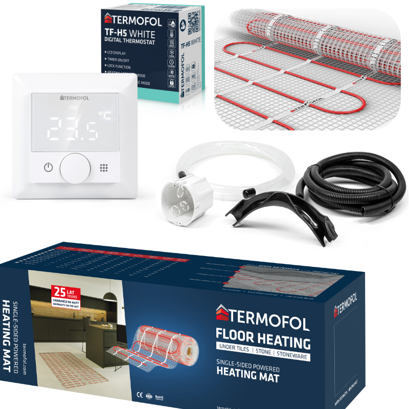 H5-Topná rohož (instalační set) - různé varianty - Barva rámu termostatu: Bílá, Výkon a rozměry: 750 W / 5 m2