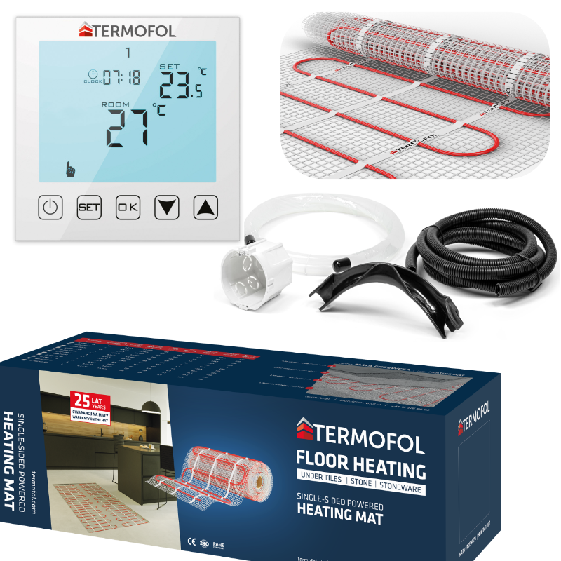 H1-Topná rohož (instalační set) - různé varianty - Barva rámu termostatu: Bílá, Výkon a rozměry: 300 W / 2 m2
