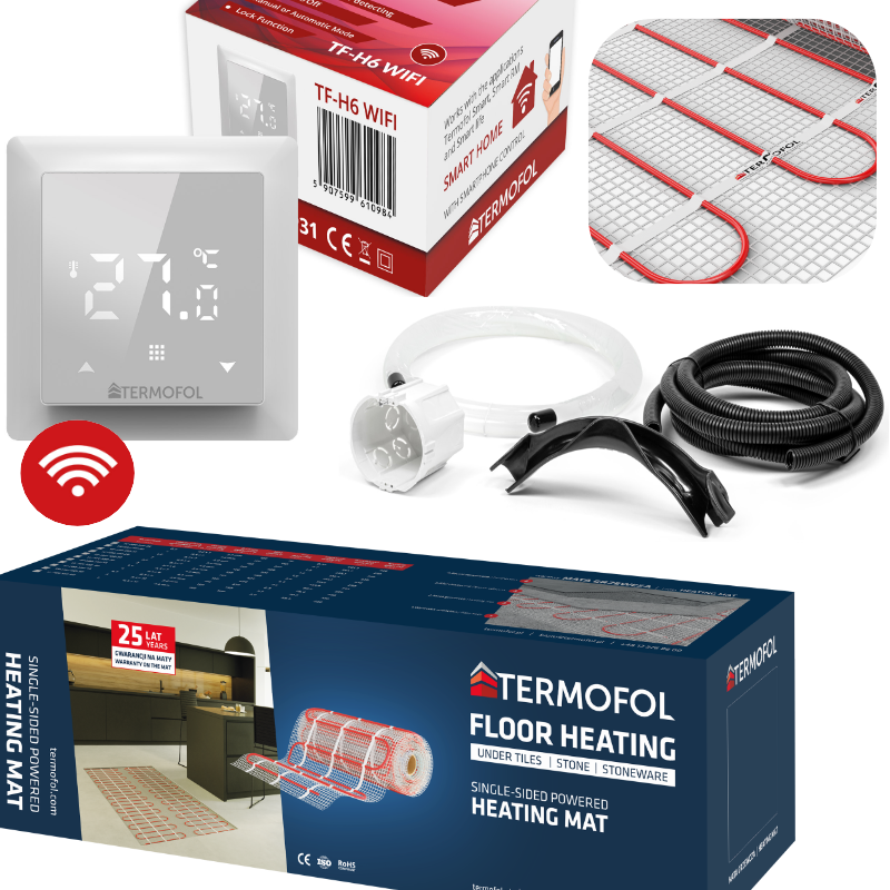 Topná rohož s termostatem TF - H6 - WiFi  (instalační set) - Výkon a rozměry   (zvolte podle toho, jak velkou plochu chcete vytápět): 375 W / 2,5 m2