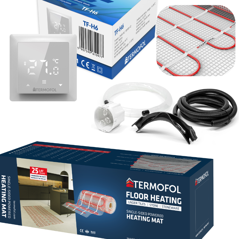 H6-Topná rohož (instalační set) - různé varianty - Barva rámu termostatu: Bílá, Výkon a rozměry: 1800 W / 12 m2